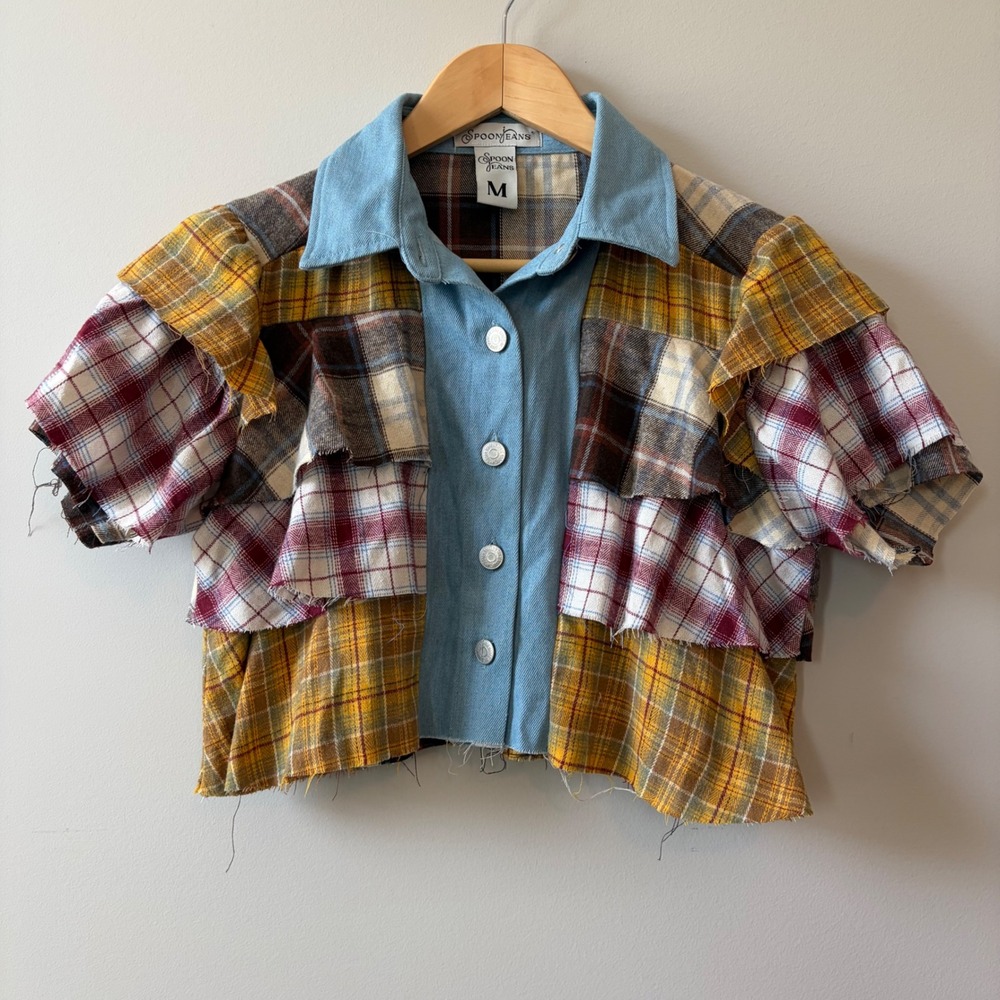 Spoon Jeans Womens Patchwork Plaid Denim Ruffle Crop Top Short Sleeve Medium